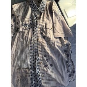 Desigual Mens Patchwork Button Down Shirt XL Blue White Geometric Floral Cotton